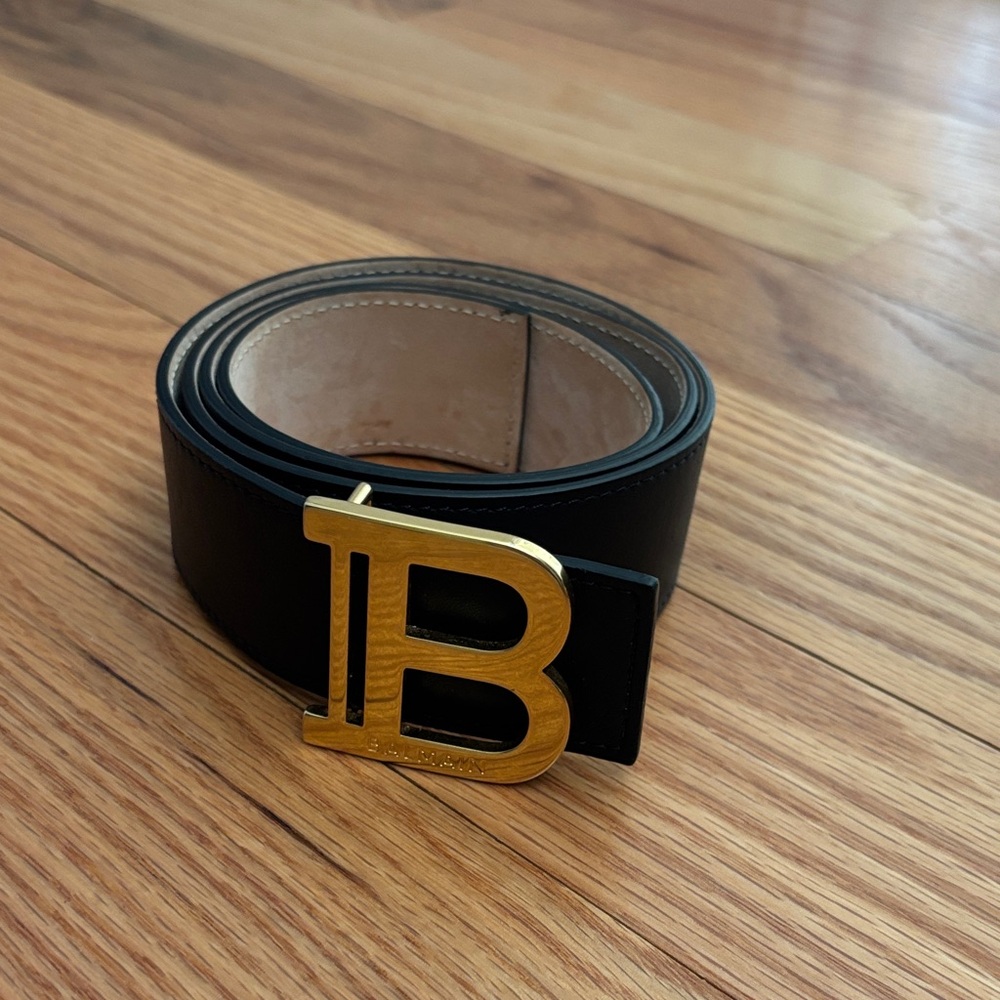Balmain Black Leather Belt with Gold 'B' Buckle